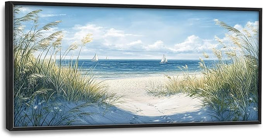 Framed Large Beach Wall Art for Living Room, Oversized Coastal Nautical Wall Decor Sailboat Canvas Seaside Pictures Modern Artwork Home Decoration for Living Room Bedroom Office 60"x30"-PawvioPets