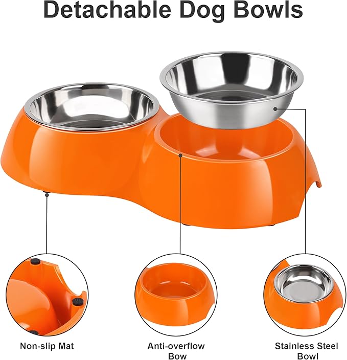 Elevated Dog Bowls Set - Non-Slip Raised Pet Feeder with Medium (10 oz) & Large (20 oz) Stainless Steel Bowls - Includes Durable Resin Stand for Puppies, Adult Dogs & Cats - Orange-PawvioPets