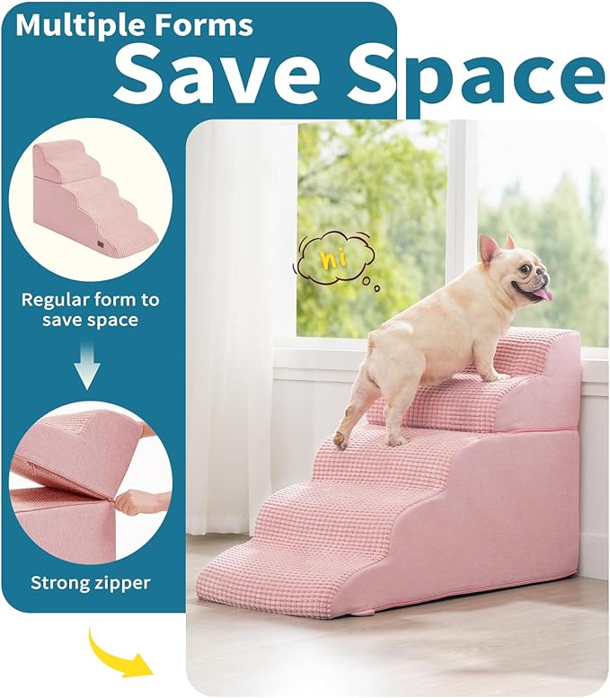 Dog Step for Bed, Dog Stair 5-Step 35D Pet Stair 22.8" H for High Bed or Sofa Non-Slip Balanced Pet Step Indoor, Pink-PawvioPets