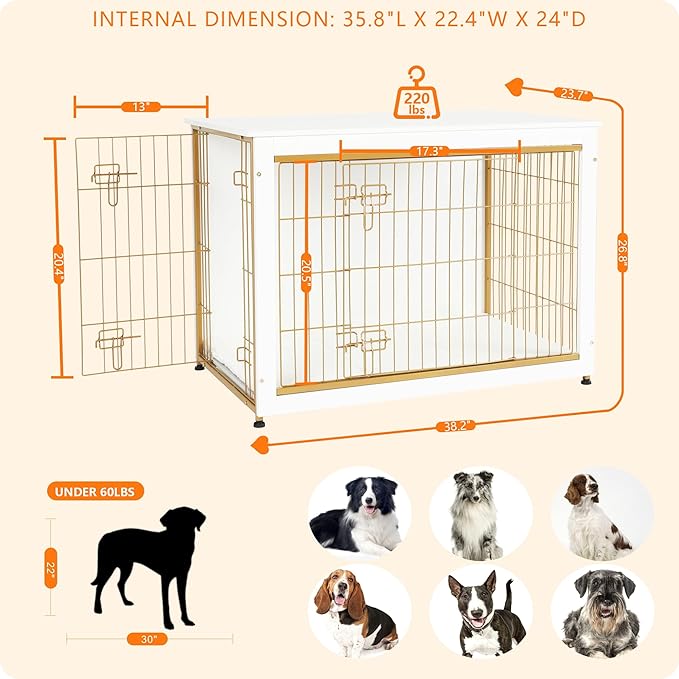 DWANTON Dog Crate Furniture with Cushion, Wooden Kennel Table with Double Doors, Indoor Dog House, Large Size, 38.5" L, White-PawvioPets