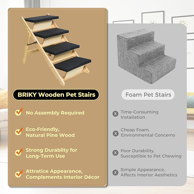 BRIKY 2-in-1 Dog Stairs/Ramp with 4 Steps, Foldable Dog Stairs for High Beds Cars Couch, Durable Wooden Pet Stairs for Small Medium Large Dogs, No Assembly Required-PawvioPets