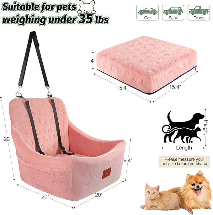 Dog Car Seat for Medium Dogs, Pet Travel Bed with Seat Belt Channel, Fully Detachable and Washable, 3 Straps Easy to Install (Pink)-PawvioPets