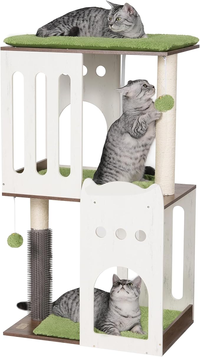 FourFurPets 43.7in 3-Tier Modern Cat Tree Tower Condo, Cat Scratch Posts for Indoor Cats, Big Plate, Two 19.7in Full Sisal Scratching Posts, White-PawvioPets