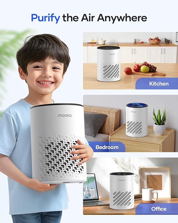 Air Purifiers for Bedroom Home, MOOKA HEPA Air Purifier for Home Pets with Fragrance Sponge for Smoke Dust Pollen Dander Odor, Small Air Cleaner with Sleep Mode Night Light Timer, KJ067L, White-PawvioPets