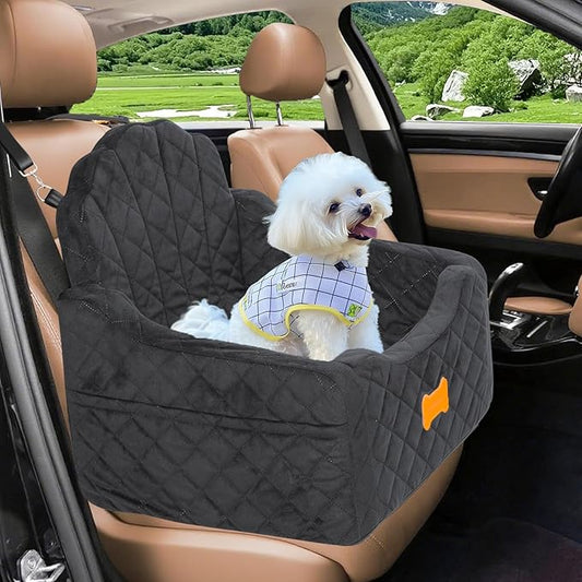 Dog Car Seat for Small Dogs Under 30lbs, Detachable Washable Pet Booster Seat with Safety Belt & Storage Pockets, Travel Car Bed, Black-PawvioPets