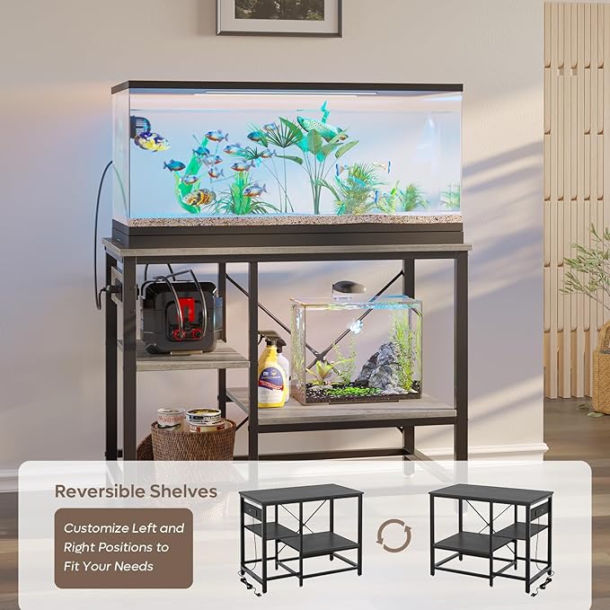 40-50 Gallon Fish Tank Stand with Charging Station, 36x19 Metal Aquarium Stand with 3-Tiers Adjustable Storage Shelves, 6-Legs Reptile Terrarium Stand, 660 LBs-PawvioPets