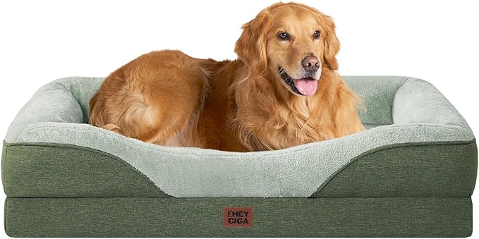 EHEYCIGA Memory Foam Dog Bed for Large Sized, Orthopedic Dog Sofa with Sides and Waterproof Liner, Washable Bolster Pet Couch with Removable Cover, 41x27x7.5 Inch, Green-PawvioPets