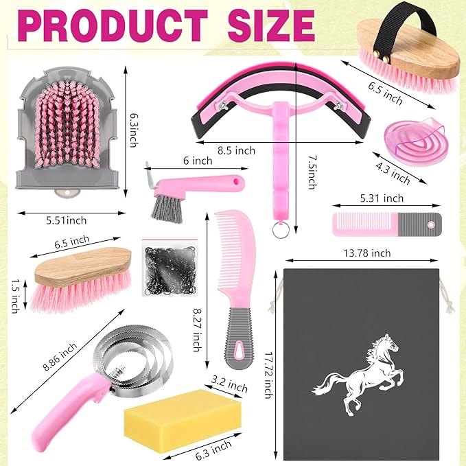 Abbylike 12 Pieces Horse Grooming Kit Racing Festival Tack Room Supplies Horse Brush Sets Equine Care Cleaning Kit Shedding Grooming Massaging Tools(Pink and Grey)-PawvioPets