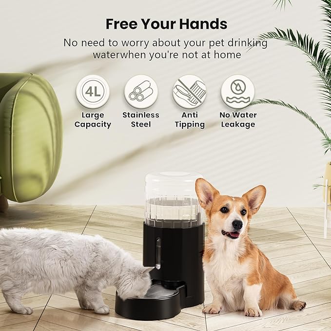 CZPET Automatic 4L/1Gal/135Oz Cat Water Dispenser with Stainless Steel Bowl, Gravity Waterer for Small Medium Dog Puppy Kitten (Black)-PawvioPets
