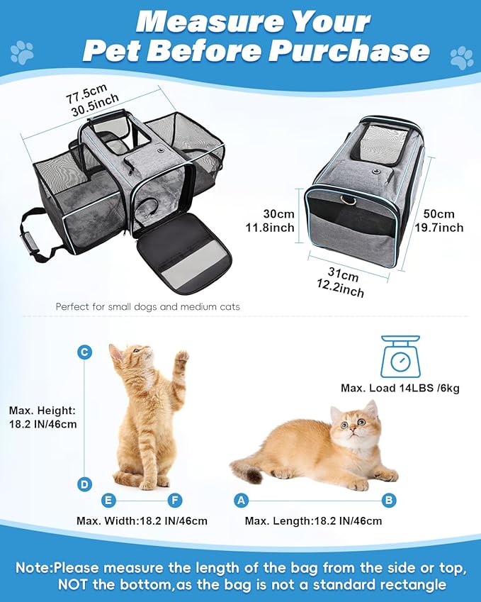 Expandable Travel Pet Bag, Scratch-Resistant Breathable Mesh, Crossbody&Tote Design, Durable&Spacious, Pet Carrier with High-Visibility Windows, Easy-Cleaning Fabric, Removable Soft Pad&Shoulder Strap-PawvioPets