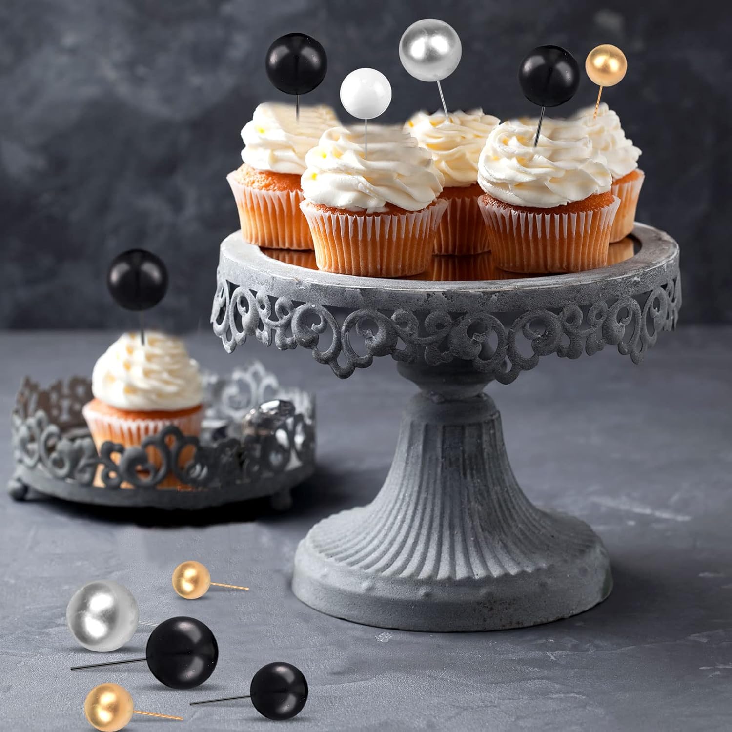 108 Pcs Balls Cake Topper DIY Cupcake Insert Foam Balloons for Cake Baking Wedding Anniversary Birthday Decoration(Black, Silver, White, Gold,Multi Sizes)