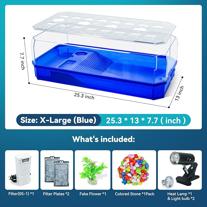 Aquatic Turtle Tank Habitat Kit Stone+Filter+Heat Lamp Enhancing Interaction with 360° Viewing, Standalone Filtration, DIY Creative Zone, Enriched Living (Blue, X-Large[with Light])-PawvioPets