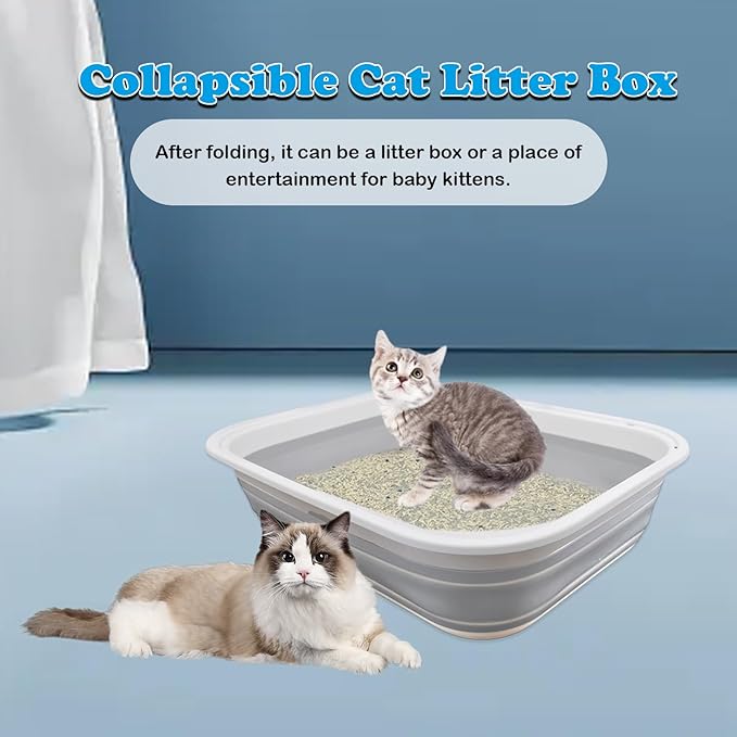Collapsible Cat Litter Box,Open Potty Pan Cat Toilet Foldable Portable Cats Litter Box Travel Litter with Scoop,Waterproof Low Entrance for Kitten and Cat Toilet Easy Clean 17.7"×13.4"x4.9"(Grey)-PawvioPets