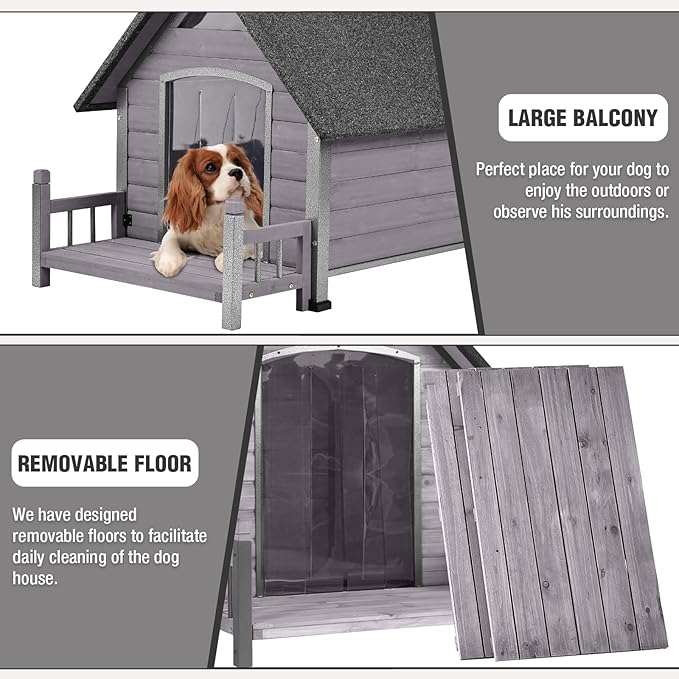 Dog House Outdoor with Anti-Chewing Iron Frame, Weatherproof Dog Kennel for Small Medium Large Dogs Indoor (Grey, 45" x 32.9" x 32.6")-PawvioPets
