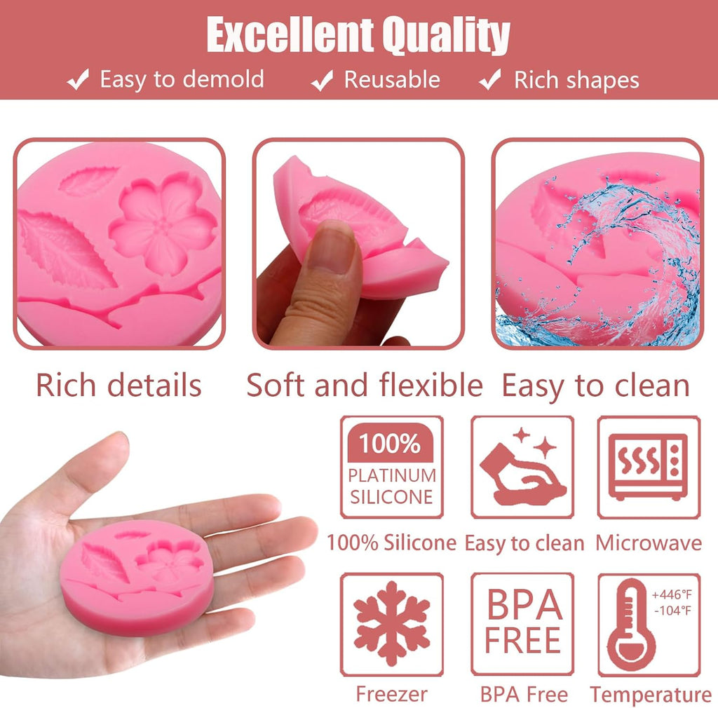 Peach Blossom Shape Molds 4 Pcs, Plant Flowers Leaf Fondant Silicone Molds for Cake Decoration Candy Sugar Cupcake Topper Cake Pop Popsicle Polymer Clay Crafts