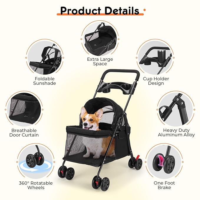 Foldable Pet Stroller for Small/Medium Pets up to 22 lbs - Lightweight 4-Wheel Design with Sun Canopy, Storage Bag & Breathable Mesh-PawvioPets