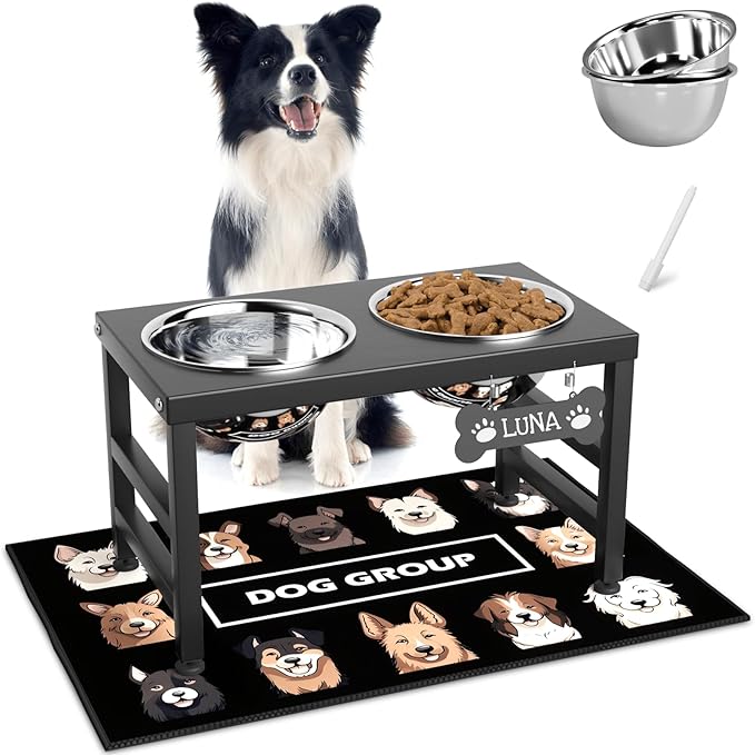 Elevated Dog Bowls, 10" Tall Height, Raised Bowl Stand with 2 Stainless Steel Food Feeder Bowls (58oz) and Spill-Proof Mat for Medium Large and Small Breeds-PawvioPets