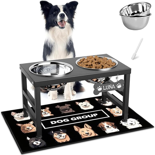 Elevated Dog Bowls, 10" Tall Height, Raised Bowl Stand with 2 Stainless Steel Food Feeder Bowls (58oz) and Spill-Proof Mat for Medium Large and Small Breeds-PawvioPets