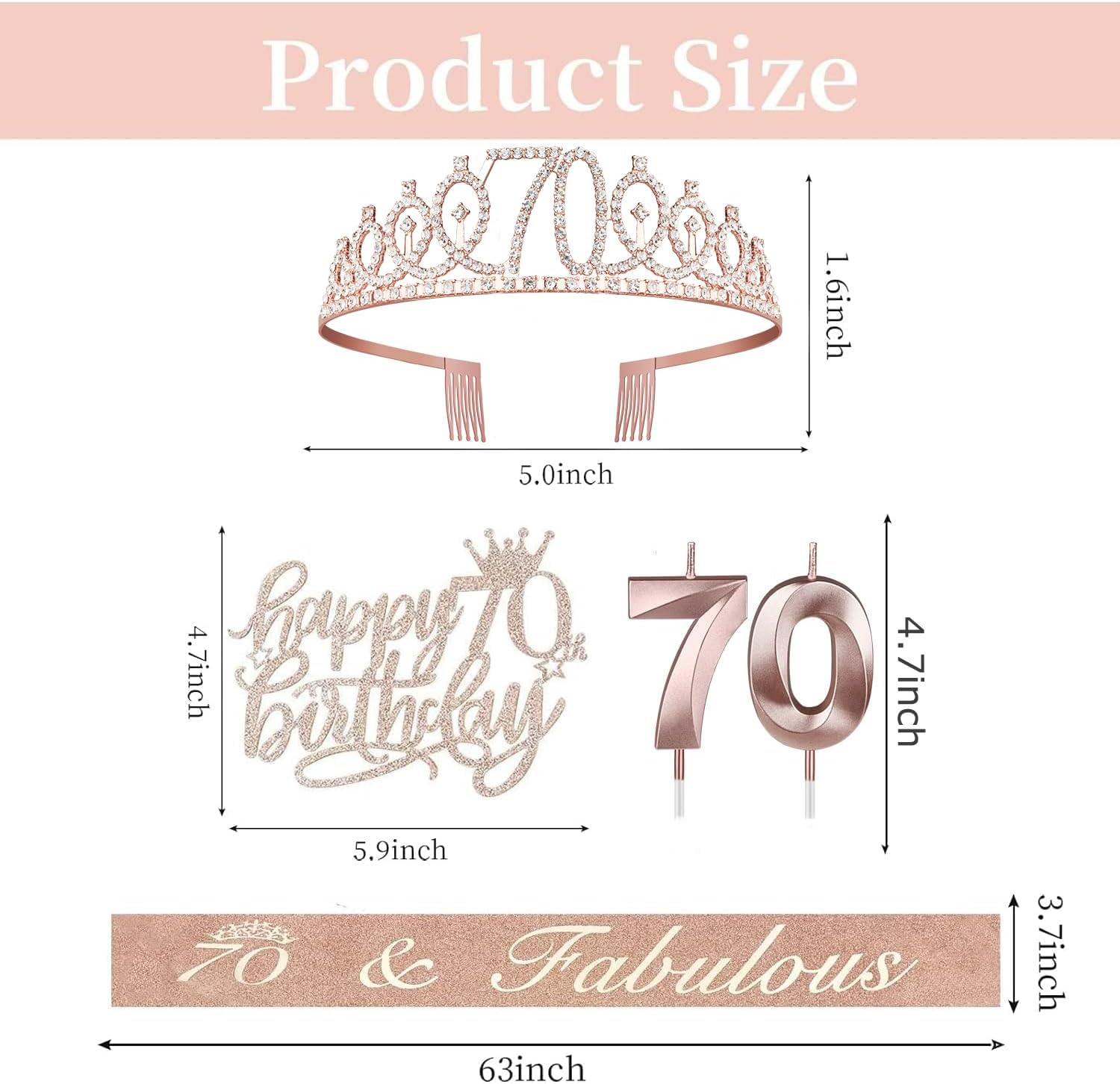 70th Birthday Decorations for Women, Including Sash, Crown/Tiara, Candles, Cake Topper, 70th Birthday Gifts for Women