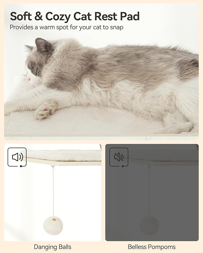 FourFurPets 72.4" Cat Tree, Modern Cat Tower for Indoor Cats, Multi-Level Cat Condo with Caves, Tall Cat Tree with Cat Scratching Board, Wooden Cat Tower with Large Perch, Removable Pads, White-PawvioPets