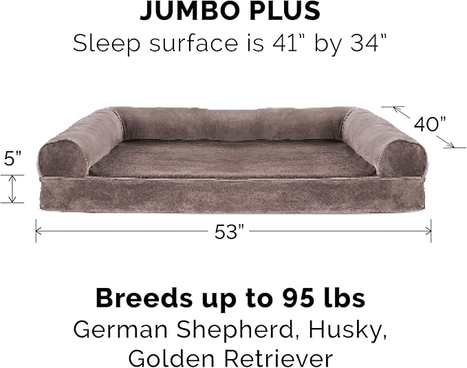Furhaven Cooling Gel Dog Bed for Large Dogs w/ Removable Bolsters & Washable Cover, For Dogs Up to 125 lbs - Faux Fur & Velvet Sofa - Driftwood Brown, Jumbo Plus/XXL-PawvioPets