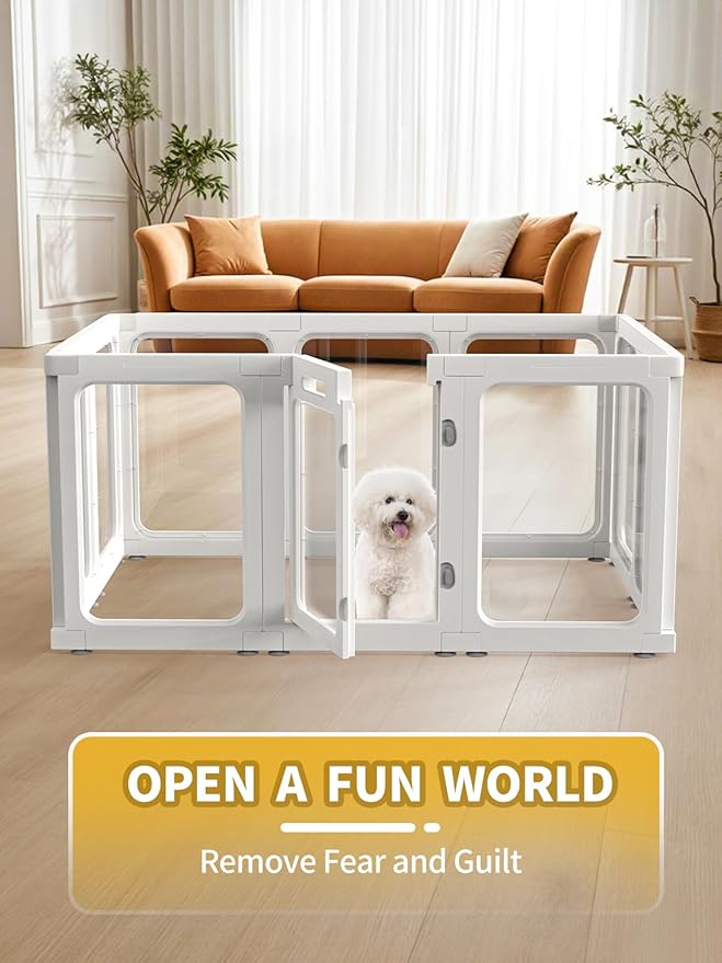 Dog Playpen, Clear Acrylic Plastic Puppy Playpen Indoor, Pet Pen for Puppy Cat Bunny, Transparent Easy Assemble Foldable Whelping Box for Dogs, Puppy Playpen with Gate (23.6" Height, 10PCS)-PawvioPets