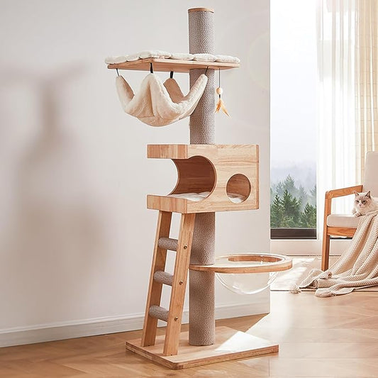 63-inch Modern Cat Tree, Luxury Cat Tower with Scratching Post, Unique Cat Condo with Hammock, Heavy Duty Kitty Climbing Tree for Indoor Cat, Wooden Kitty House for Small Medium Large Cats-PawvioPets