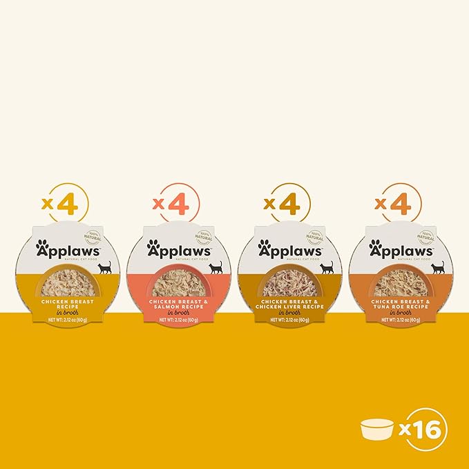 Applaws Natural Wet Cat Food, Limited Ingredient, Grain-Free, Protein with No Artificial Additives, Variety Chicken Selection in Broth (16 x 2.12 oz Easy-Open Cups)-PawvioPets