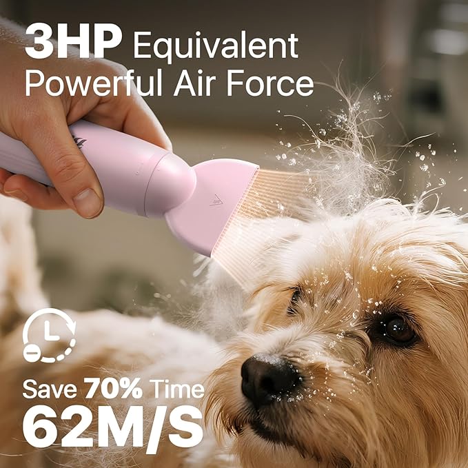 Dog Blow Dryer for Pet Grooming Handheld Lightweight Dog Cat Hair Dryer 3 Speeds 4 Temp, Portable 3HP High Velocity Pet Blower Quiet Dryer for Travel Campaign Home, with 3 Nozzles, Pink-PawvioPets