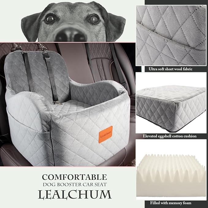 Dog Booster Car Seat for Small/Medium Dogs Up to 35lbs,Ultra Soft Fabric Covered,6in Elevated Cushion,Fully Detachable and Washable,3 Straps & 2 Pockets,Easy to Install(Grey,Medium)-PawvioPets