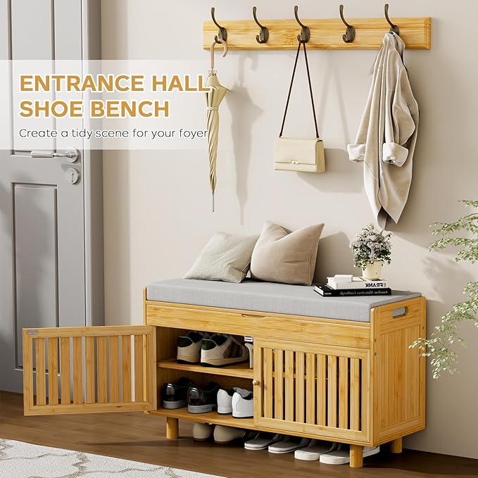Coat Rack Shoe Bench Set, Bamboo Shoe Storage Bench with Seat Cushion & 5 Hooks, Hall Tree Entryway Bench with Lift Top Hidden Storage, 35.4" W x 12.6" D x 19.7" H, for Entryway, Living Room, Bedroom-PawvioPets