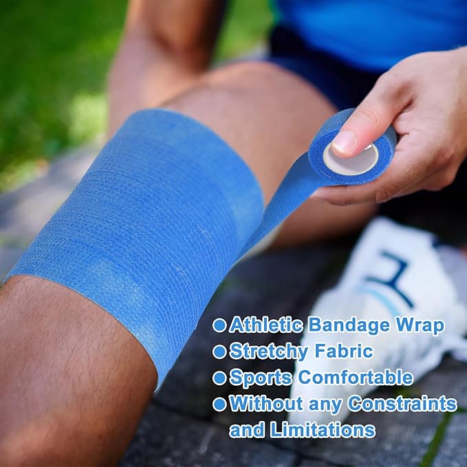 24 Pack Self Adherent Cohesive Wrap Bandages, 2” x 5 Yards Blue Athletic Tape, Medical Tape, Vet Wrap, Elastic Grip Tape for Sports Wrist Ankle Pet Ankle Swelling Sprains-PawvioPets