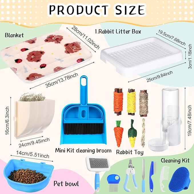 19 Pcs Rabbit Starter Kit Small Bunny Litter Box Animal Grooming Kit Water Bottle Bunny Toys Hay Feeder Bowl Blankets with Cleaning Set for Guinea Pig Rabbit Accessories (White)-PawvioPets