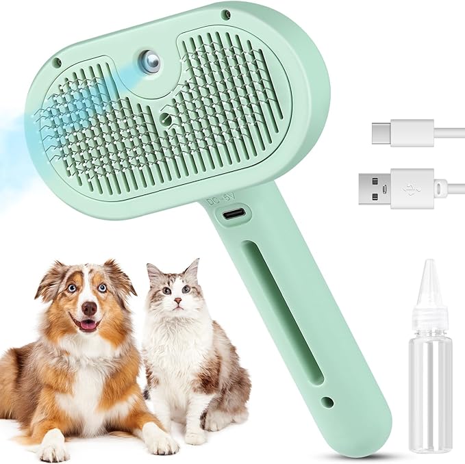 3 in 1 Cat Steam Brush, Pet Spray Hair Removal Comb for Shedding & Grooming, Water Brush for Cats Dogs Small Animals Long Short Haired with One-Click Release Button(Green)-PawvioPets