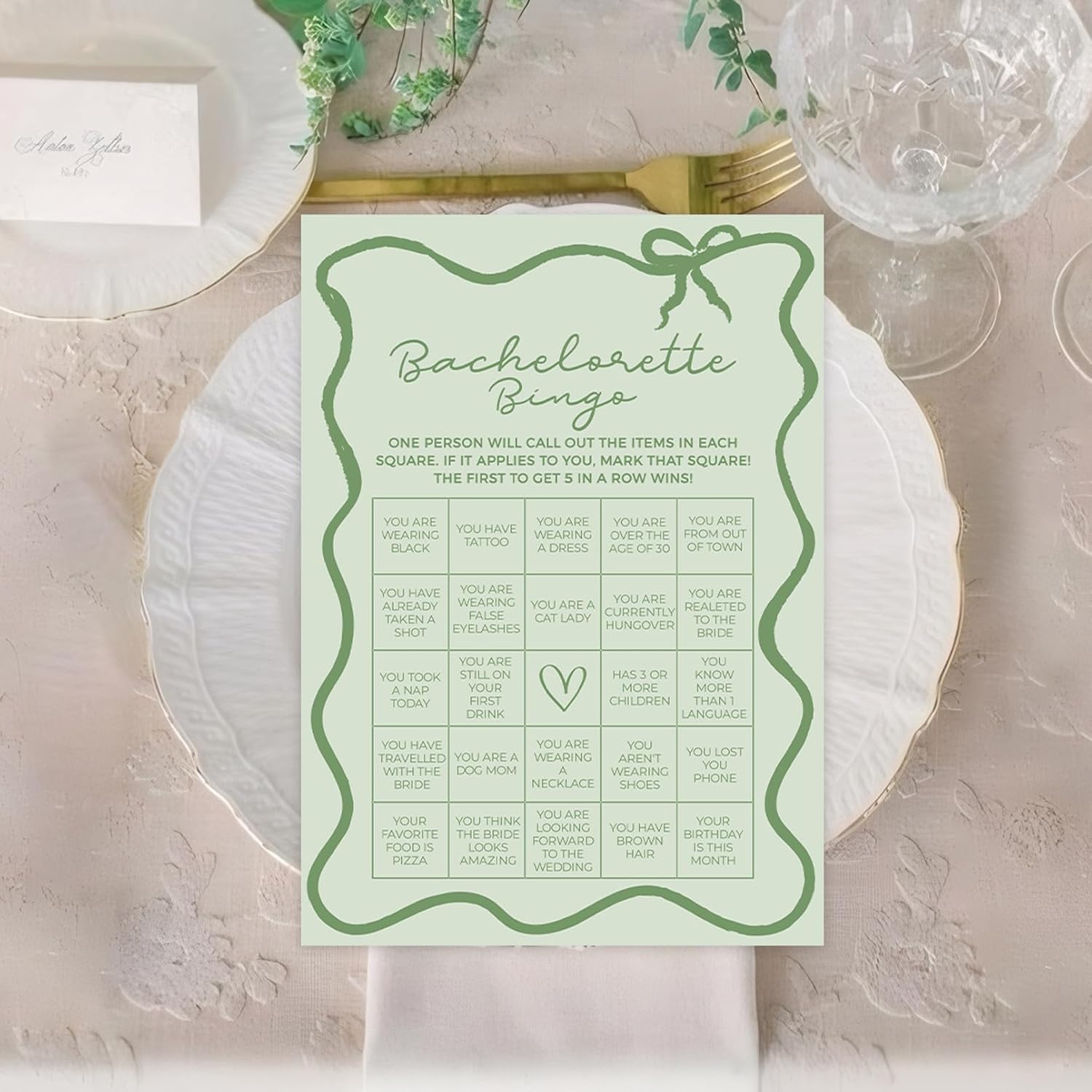 DEEKA 30 PCS Bridal Shower Games Card for 30 Guests Sage Green Wavy Border Ribbon Bow Funny Wedding Bachelorette Party Games for Reception (Bachelorette Bingo)