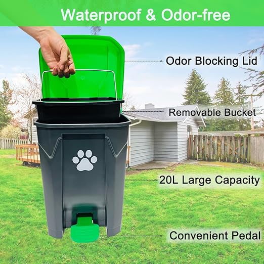 20L/5Gallon Dog Poop Trash Can Outside with Pooper Scooper & 50 Waste Bags- Outdoor Dog Poop Trash Can with Lid, Foot Pedal and Removable Inner Bin Waterproof and Odor Control-PawvioPets