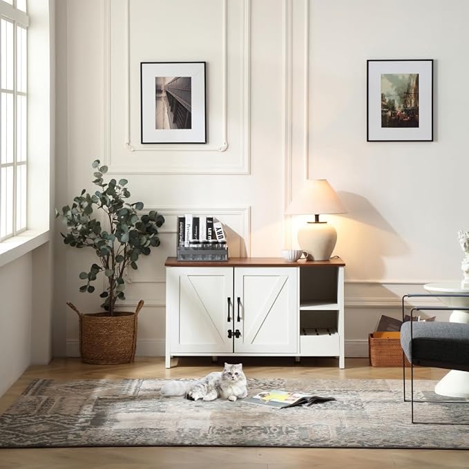 41.3'' Cat Litter Enclosure,Adjustable Shelf for Dog Proof and Storage,Locks Added for Cat, Litter Collector,Small Indoor Cat House,Antique White-PawvioPets