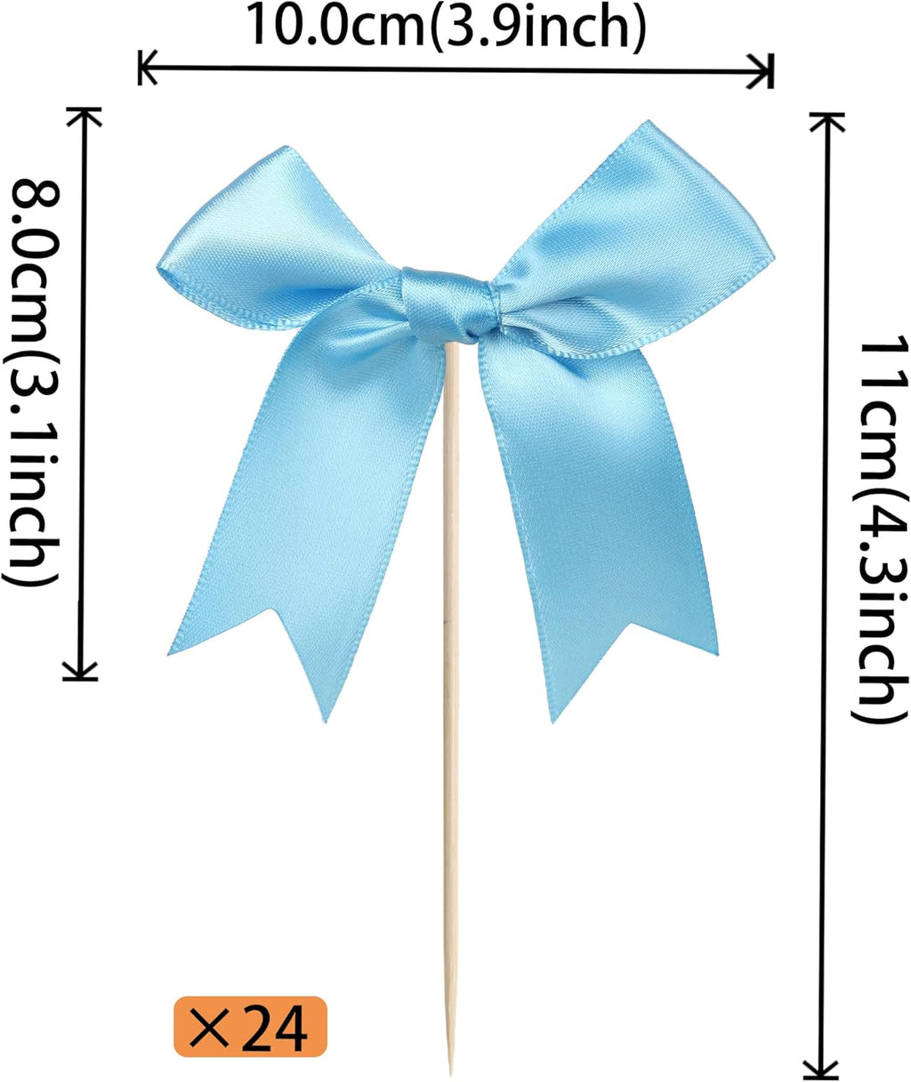 24 PCS Bow Cupcake Toppers Bowknot Cake Toppers Bow Girls Birthday Cake Decorations Bow Cake Dessert Picks Bowknot Cupcake Picks for Baby Shower Birthday Wedding Bridal Engagement Party Supplies Blue