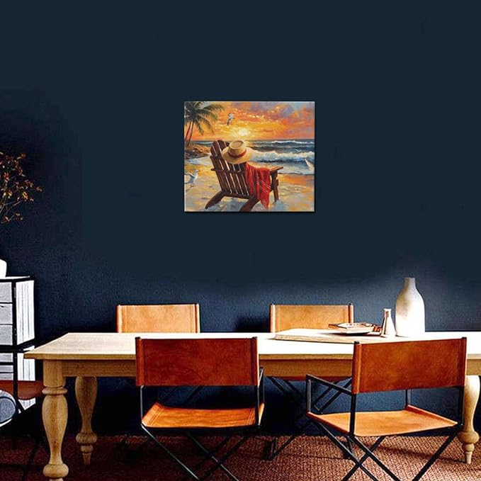 Beach Coastal Bathroom Pictures Wall Art, Seaside Ocean Bathroom Wall Decor, Sunrise Palm Framed Painting Canvas Artwork for Bedroom Living Room Decorations 24"L x 20"W-PawvioPets