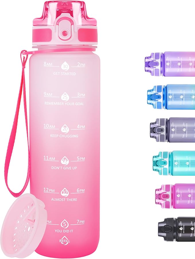 32oz Motivational Water Bottles with Time Marker & Fruit Strainer, Transparent Gradient Color Water Bottle with Times to Drink, Leakproof & BPA Free, Reusable Bottle with Strap (No Straw)-PawvioPets