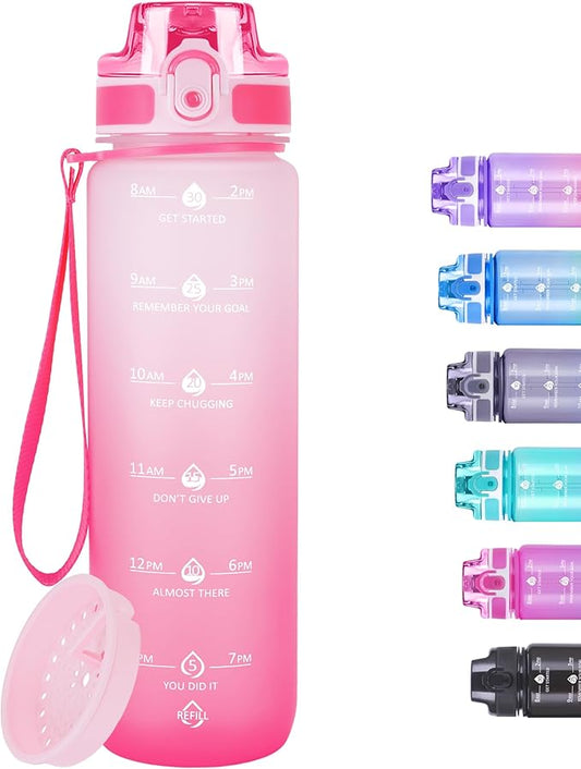 32oz Motivational Water Bottles with Time Marker & Fruit Strainer, Transparent Gradient Color Water Bottle with Times to Drink, Leakproof & BPA Free, Reusable Bottle with Strap (No Straw)-PawvioPets