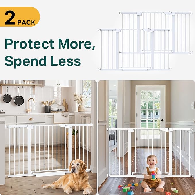 Cumbor 2 Pack 29.7-54.2" Baby Gate for Stairs, Mom's Choice Awards Winner-Auto Close Dog Gate for Doorways, Easy Install Pressure Mounted Pet Gate Indoor, Wide Safety Gate for Dog, White-PawvioPets