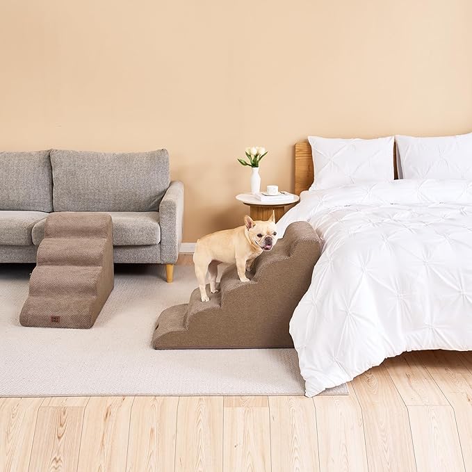 EHEYCIGA Curved Dog Stairs Ramp for High Beds 22.6" H, 5-Step Dog Steps for Small Dogs and Cats, Pet Stairs for High Bed Climbing, Non-Slip Balanced Pet Step Indoor, Camel-PawvioPets