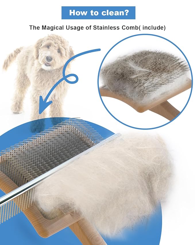 Dog Slicker Brush for Large Dogs, Professional Doodles Brush for Poodles, Goldendoodles and Labradoodles - Easy to Remove Tangles, Mats and Fluff - 3.8"x3.2" Head, 8" Wood Body-PawvioPets