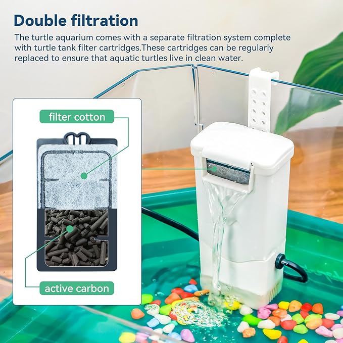 Aquatic Turtle Tank Habitat Kit Stone+Filter+Heat Lamp Enhancing Interaction with 360° Viewing, Standalone Filtration, DIY Creative Zone, Enriched Living (Green, X-Large[with Light])-PawvioPets