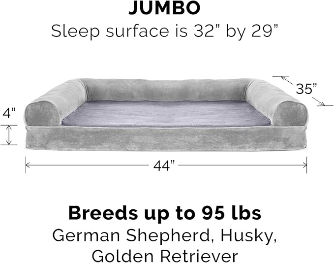 Furhaven Cooling Gel Dog Bed for Large Dogs w/ Removable Bolsters & Washable Cover, For Dogs Up to 95 lbs - Faux Fur & Velvet Sofa - Smoke Gray, Jumbo/XL-PawvioPets