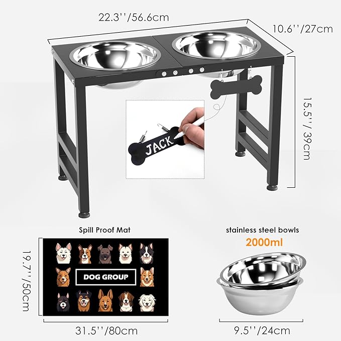 Elevated Dog Bowls,16inch Tall Pet Bowl Holder, Raised Bowl Stand with 2 Stainless Steel Bowls (68oz) and Spill-Proof Mat, Dog Feeder for Large Extra Large Breeds-PawvioPets