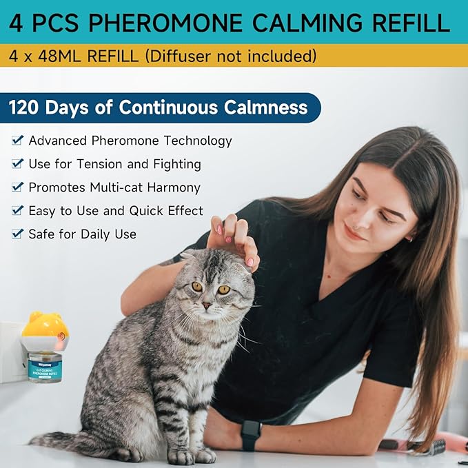 Cat Calming Diffuser Refills - 4 Pack Cat Pheromones Calming Diffuser for Cat Anxiety Relief, Cat Pheromone Diffuser, 120 Days Pheromone Diffuser to Calm Cats, Fits All Common Diffuser Heads-PawvioPets