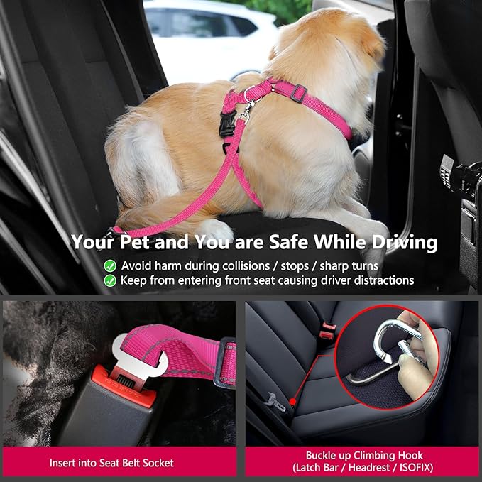 Dog Seat Belt Harness for Car, Dog Car Harness Adjustable Mesh Breathable & Dog Seatbelt Safety Tether with Elastic Bungee for Small Medium Large Pets(Rose, XL)-PawvioPets
