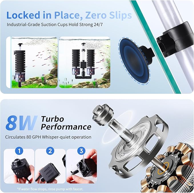 AQQA Electric Sponge Filter for Aquariums - Dual Bio & Mechanical Filtration, 8W 80 GPH Water Pump with Oxygenation & Water Circulation, Fits 15-55 Gallon Fish Tanks (110V/60Hz)-PawvioPets